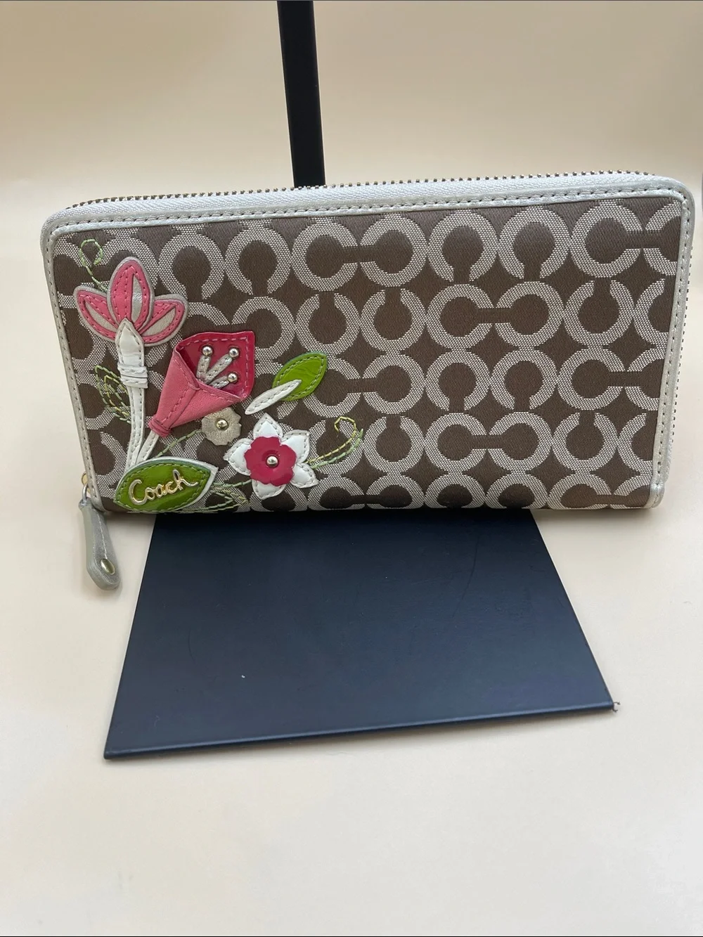 RARE Coach Brown Signature Floral Zip Wallet with Pink and Green Appliqués